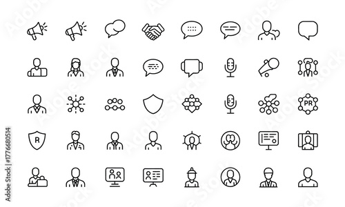 Collection of hand drawn sketch style icons representing business concepts like communication security teamwork and technology on a white background