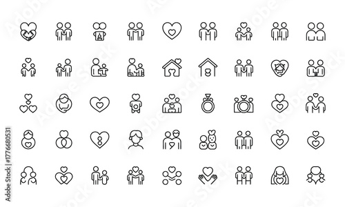 Collection of hand drawn black and white simple line art icons representing family relationships love home and community symbols for design projects