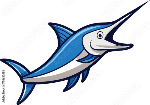 Cartoon marlin fish vector illustration blue swordfish ocean marine life mascot Illustrator Artwork - A vibrant and playful cartoon illustration of a blue marlin fish