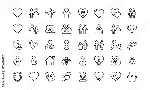 A collection of simple hand drawn outline icons representing love family relationships health and community with heart shapes and people figures