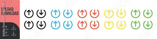 Set of upload and download icons arrow symbol in color and black outline styles. Perfect for data transfer, cloud storage, file sharing, transferring, saving, app interfaces, and modern digital design