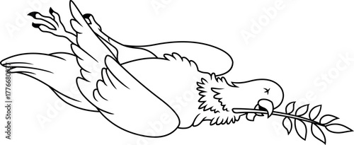 Black and white illustration of a dying white dove holding an olive branch in its beak. Symbolic peace clipart.