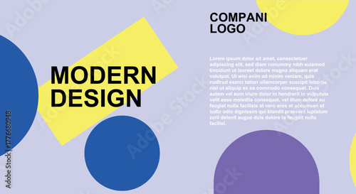 Minimalist modern design displays geometric shapes with company logo and sample text on lightpurple background