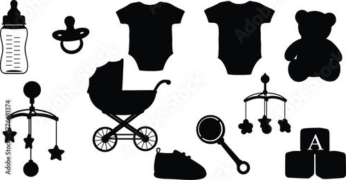 Collection of black silhouette baby items including a stroller onesies teddy bear and toys
