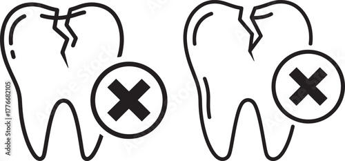 Two cracked teeth with red x marks silhouette