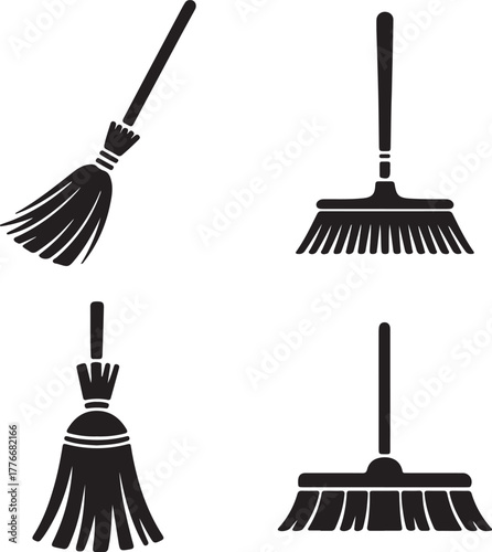 Four Broom Icons Vector Cleaning Tool Set Housekeeping Equipment