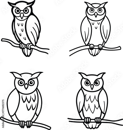 Owl perched on branch sketch line art vector illustration