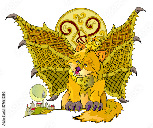 Drawing of fantasy Celtic cat. Dreams of flying with heavy iron wings. Hand drawn vector illustration. Print for greeting card, children book, icon, badge, fabric, wallpaper, sticker, label.