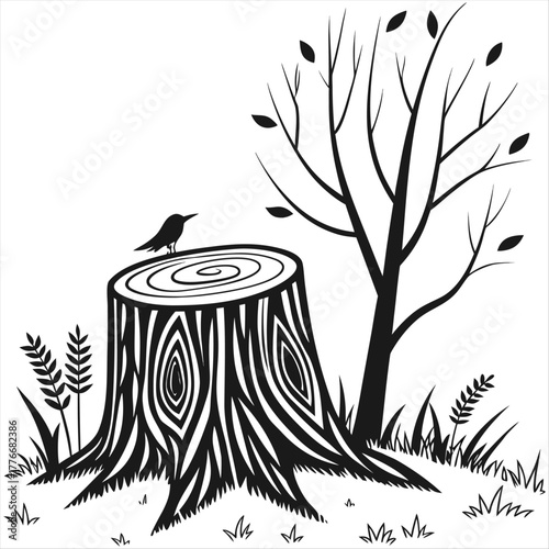 A black and white illustration of a tree stump with visible growth rings on a white background shade