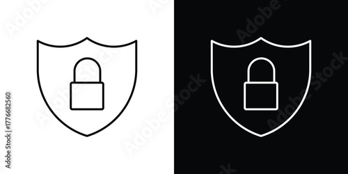 Shield lock icon pixel perfect. Outline symbol. Simple linear drawing.