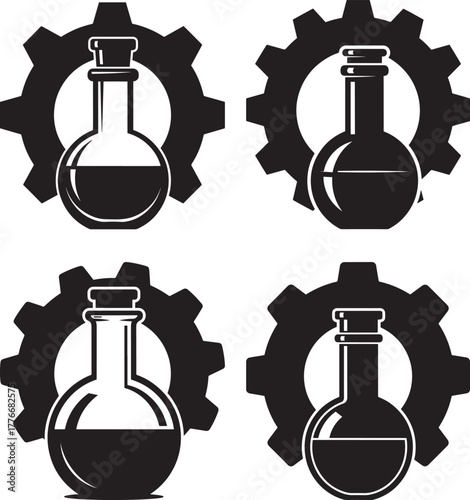 Four chemical flasks and gears silhouette