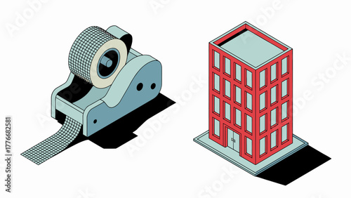 Conceptual Isometric Illustration of a Tape Dispenser and Modern Building in Flat Design on White Background Business Metaphor