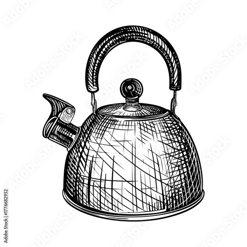 Tea kettle. Vector hand drawn illustration of teapot in engraved style. Metal and enameled household kitchen utensils. Black and white sketch isolated on white background