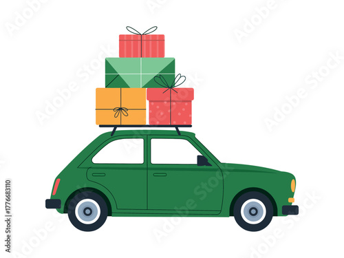 A green car loaded with gifts on its roof rack is ready to travel.