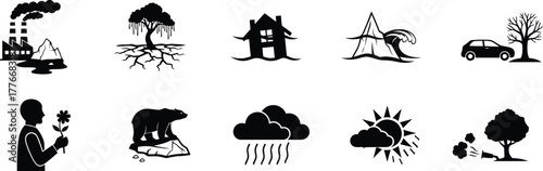 Collection of silhouette icons representing environmental issues and nature conservation efforts
