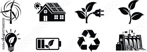 Collection of eight black and white icons representing renewable energy and environmental sustainability concepts