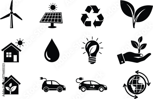 Set of black and white eco friendly icons representing renewable energy and sustainability concepts