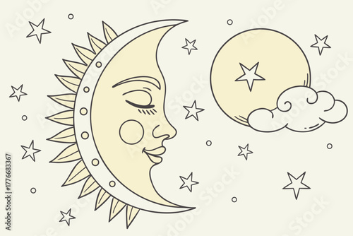 Retro vintage moon and stars illustration with celestial elements