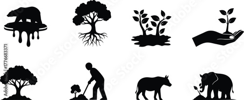 Collection of black silhouette icons representing environmental conservation and nature protection themes