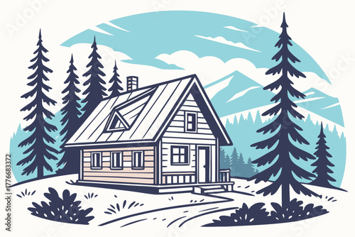 Retro vintage mountain cabin illustration with scenic landscape