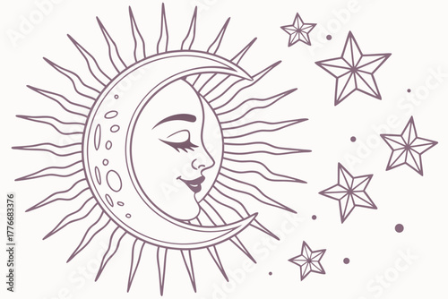 Retro vintage moon and stars illustration with celestial elements