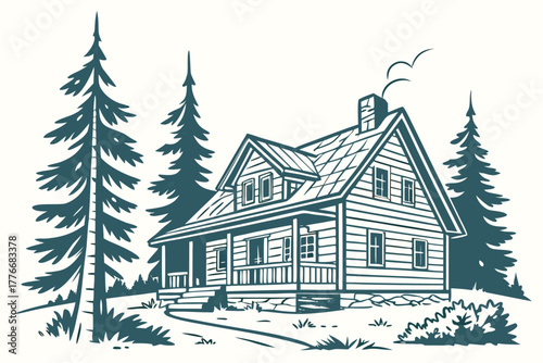 Retro vintage mountain cabin illustration with scenic landscape