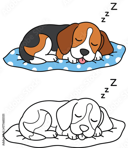 Cute Sleeping Beagle Puppy on a Polka Dot Cushion - Cartoon Illustration for Coloring Book