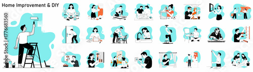 home improvement and diy illustration set with people painting, repairing and assembling furniture, vector collection for renovation and domestic lifestyle concepts