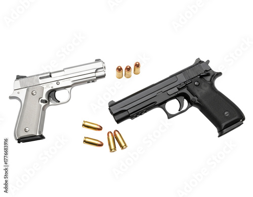 Handgun and bullets duo technical display, isolated on transparent background