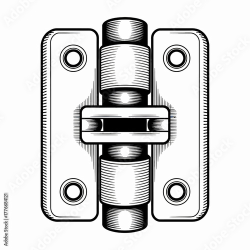 Detailed Vector Illustration of a Hinged Door Mechanism with Round Plates and Rotating Barrel Design Element