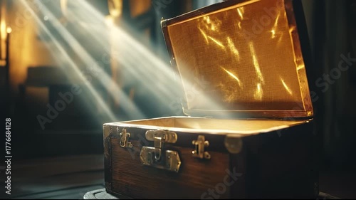 A wooden treasure chest stands open, revealing a warm golden interior lit by beams of soft light. The treasure chest draws attention with its rich textures and alluring atmosphere.