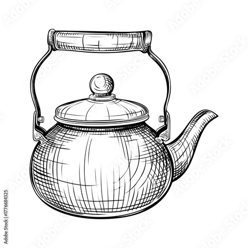 Tea kettle. Vector hand drawn illustration of teapot in engraved style. Metal and enameled household kitchen utensils. Black and white sketch isolated on white background