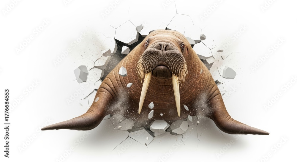 Obraz premium walrus busting or breaking through a wall on a solid white background, animal photo
