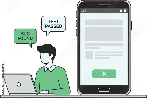 Simple vector illustration of developer testing mobile app, technology concept.
