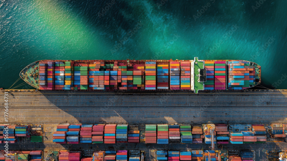 Obraz premium Shipping Vessel at Dock: An aerial view captures a large container ship docked at a bustling port, its colorful cargo containers neatly stacked, signifying the vibrant global trade and movement.