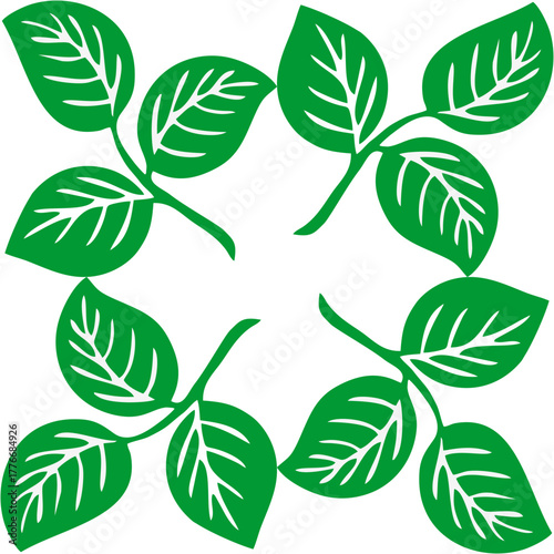 Four symmetrical clusters of green leaves form a graceful circular harmony, symbolizing unity, balance, growth, and the perpetual rhythm of nature.