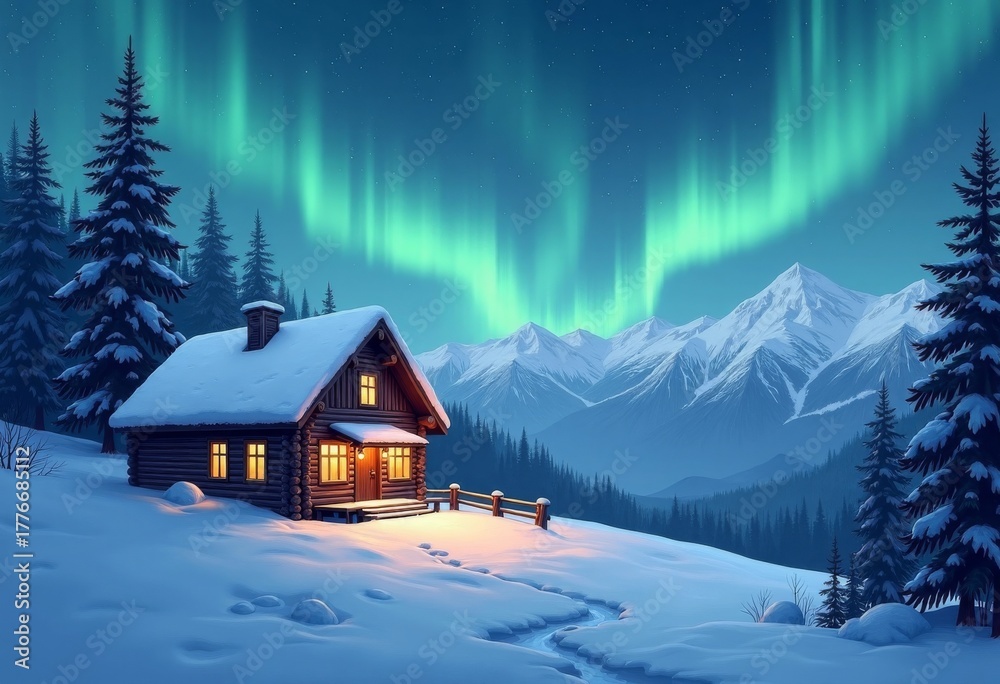 Fototapeta premium Snowy mountain cabin with glowing windows, Northern lights in sky, serene winter illustration