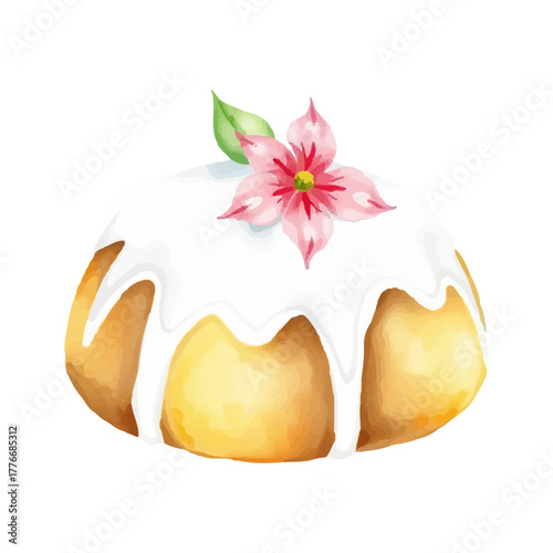Watercolor illustration of Christmas pudding with white icing, beautifully hand drawn in soft warm colors, minimalist style, isolated on white background. Vector....