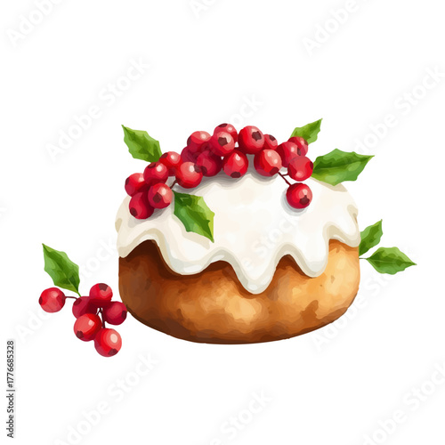 Watercolor illustration of a Christmas pudding with white glaze, decorated with red viburnum berries, hand-drawn in soft warm tones, minimalist style, isolated on white background. Vector