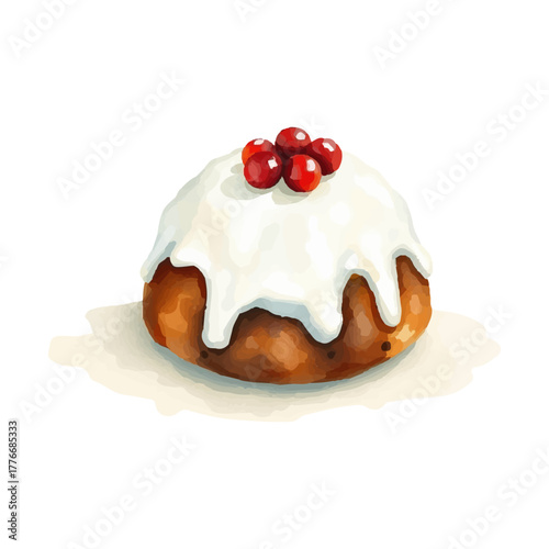 Watercolor illustration of a Christmas pudding with white glaze, decorated with red viburnum berries, hand-drawn in soft warm tones, minimalist style, isolated on white background. Vector