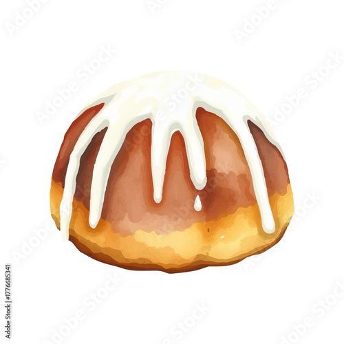 Watercolor illustration of Christmas pudding with white icing, hand drawn in soft warm colors, minimalist style, isolated on white background. Vector.