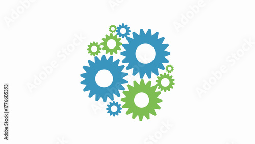 Gears Mechanism Interlocking System Representing Innovation and Progress in Blue and Green Tones on White Backdrop