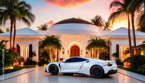 A white sport car is parked in the driveway of a luxury villa surrounded by palm trees and exotic bright colors. The walls of the house are white, mind-blowing sunset.