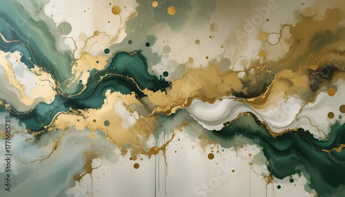 Elegant abstract art design featuring gold accents and flowing green swirls, perfect for modern interiors or sophisticated design projects needing a touch of luxury