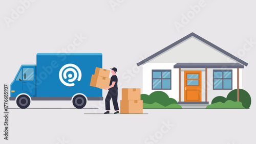 Home moving service with a delivery truck and mover carrying cardboard boxes to a house promoting relocation solutions