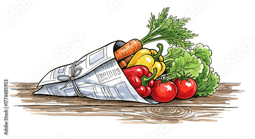 Vegetables in newspaper wrap on rustic kitchen counter, fresh and artistic, loose sketchy watercolor vector design with brush strokes, uneven outlines, and faint paper texture, casual style