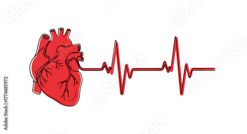 Human heart with pulse line, minimalistic and modern, concept of cardiology, health care, and love, with copy space