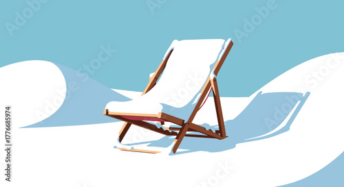 Snow on deck chair with surrounding snowdrifts, minimalist and serene, flat vector illustration with geometric shapes and bold colors on solid pastel background, clean design