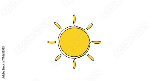 Minimalistic sun, bright and optimistic, single line drawing filled with yellow, representing positive energy, new beginnings, hope, and happiness, with copy space