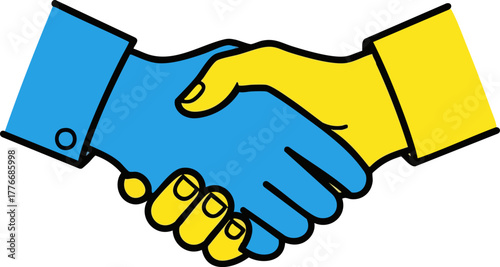Blue and yellow handshake symbolizing international cooperation and support agreement